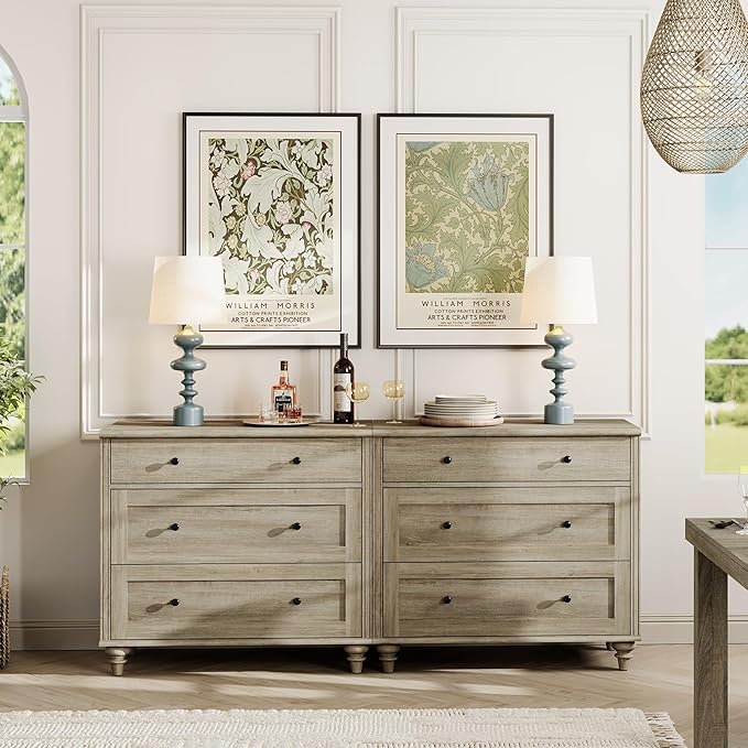 WAMPAT Kids Dresser for Bedroom with 6 Drawers, Rustic Oak Baby Dressers with Wide Chest of Drawers, Modern Wooden Closet Storage Organizer, Large Wood Dressers for Living Room, Nursery, Hallway