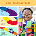 PicassoTiles 128pcs Magnetic Race Car Track Building Block Educational Toy Set Tiles Magnet Playset 3 LED Car STEM Learning Construction Kit Fine Motor Skill Training Brain Development for Kids Age3+