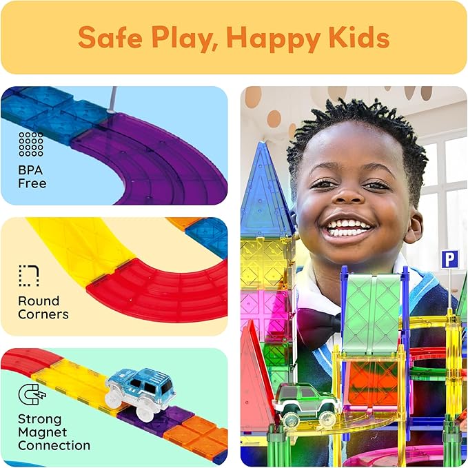PicassoTiles 128pcs Magnetic Race Car Track Building Block Educational Toy Set Tiles Magnet Playset 3 LED Car STEM Learning Construction Kit Fine Motor Skill Training Brain Development for Kids Age3+