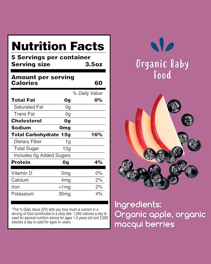 Amara Organic Baby Food - Stage 2 - Applesauce & Maqui Berry - Baby Cereal to Mix With Breastmilk, Water or Baby Formula - Shelf Stable Baby Food Pouches Made from Organic Fruit - 10 Pouches, 3.5oz Per Serving