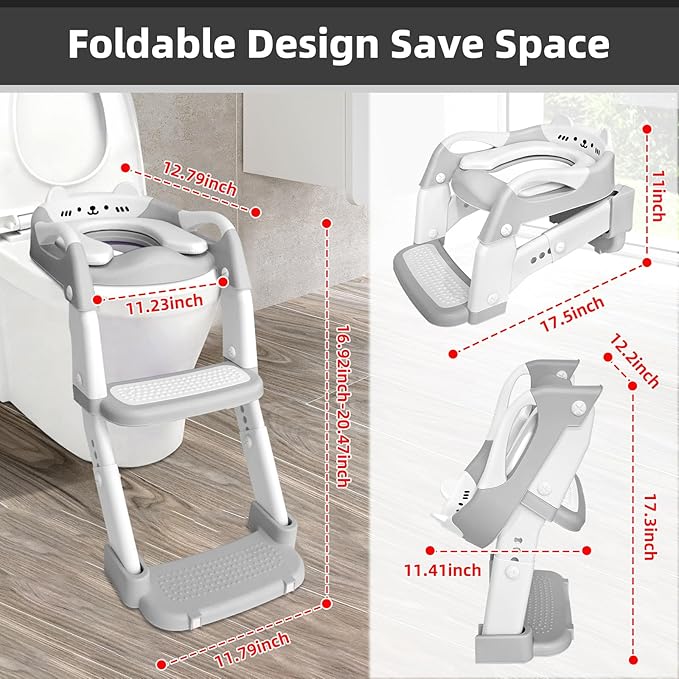 Potty Training Seat, Upgrade Toddler Toilet Seat for Kids Boys Girls, 3 in 1 Potty Training Toilet with Step Stool Ladder-Non Slip Foldable (Gray+White)