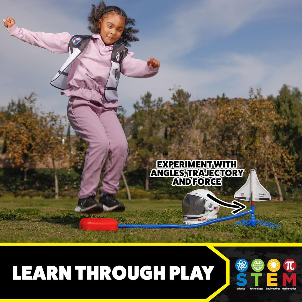 Stomp Rocket Space Collection Rocket Launcher for Kids, 3 NASA Rockets - Backyard & Outdoor Fun Toy Gift for Boys & Girls - STEM Soft Foam Blaster Set Soars Up to 100 Feet - Ages 5 & Up