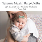 Natemia Muslin Burp Cloths for Baby Boys and Girls - Super Absorbent Baby Burp Cloths, Viscose Derived from Bamboo Cotton Baby Washcloths, 3-Pack Neutral Burp Cloths for Newborn, 21" x 11"