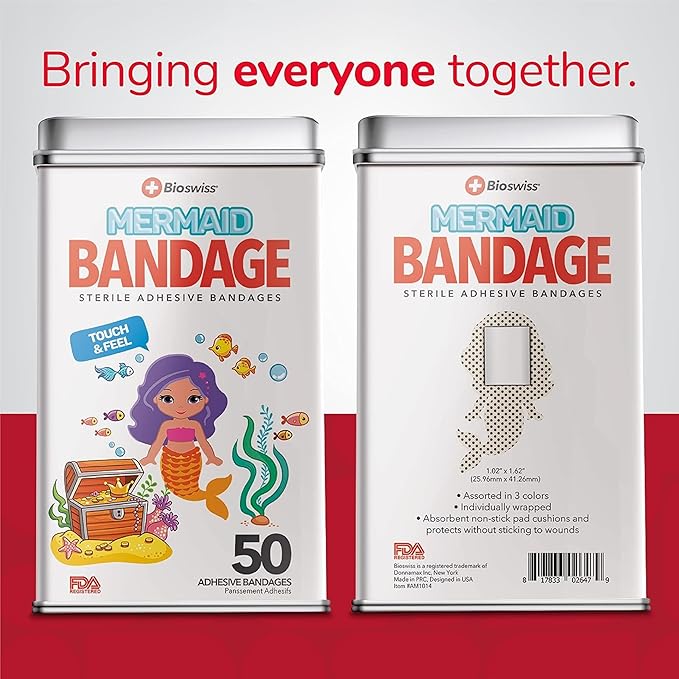 BioSwiss Bandages, Mermaid Shaped Self Adhesive Bandage, Latex Free Sterile Wound Care, Fun First Aid Kit Supplies for Kids, 50 Count