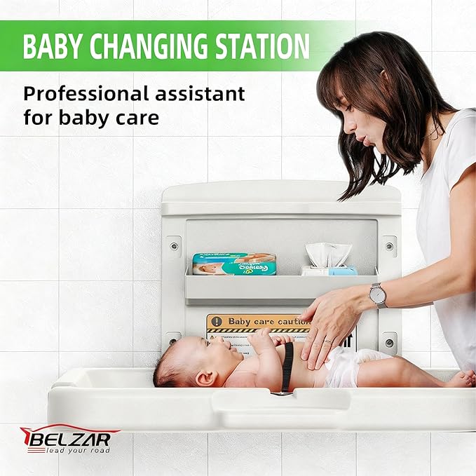 BELZAR Wall Mounted Baby Changing Station - Horizontal Baby Foldable Wall Mounted Changing Table with Safety Strap Paper Holder for Commercial Bathrooms, ADA Complaint White Gray