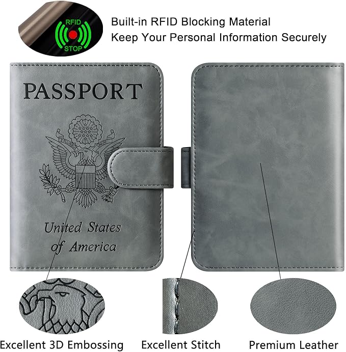 Passport Holder Cover Wallet Travel Essentials Leather Rfid Blocking Case Vacation Luggage Must Haves Travel Accessories for Men Women (120#Grey)