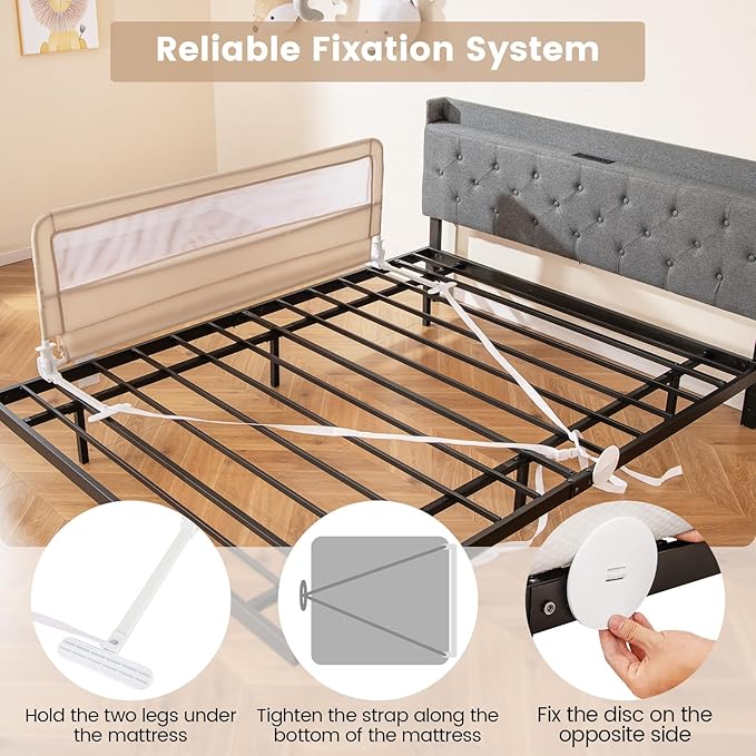 HONEY JOY Bed Rail for Toddlers, 59-in Extra Long, Portable Safety Bed Guardrail w/Double Safety Child Lock, Foldable Baby Bed Rail Guard, Fit King & Queen Full Twin Size Bed Mattress (1 Pack, Beige)