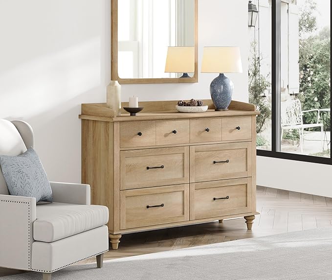 WAMPAT Dresser for Bedroom with 6 Drawers, Kids Dressers with Wide Chest of Drawers, Mid Century Modern Wooden Closet Storage Organizer for Living Room, Nursery, Hallway, Rustic Oak