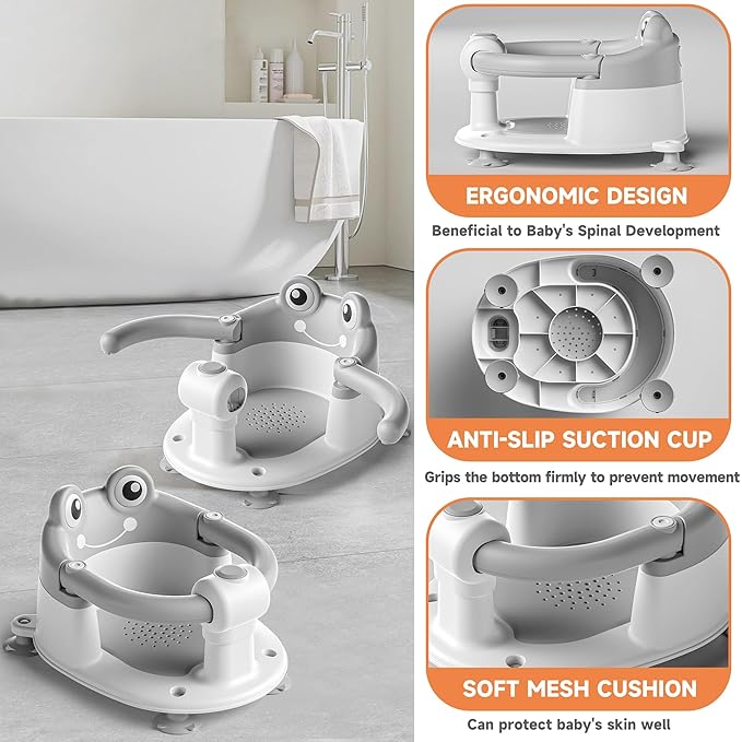 Baby Bath Seat for Babies 6 Months & Up - Toddler Bath Seats for Baby Sitting Up with 4 Suction Cups & Soft Cushion, Non-Slip Infants Shower Bathtub Chair for Newborn Boys Girls, Gray