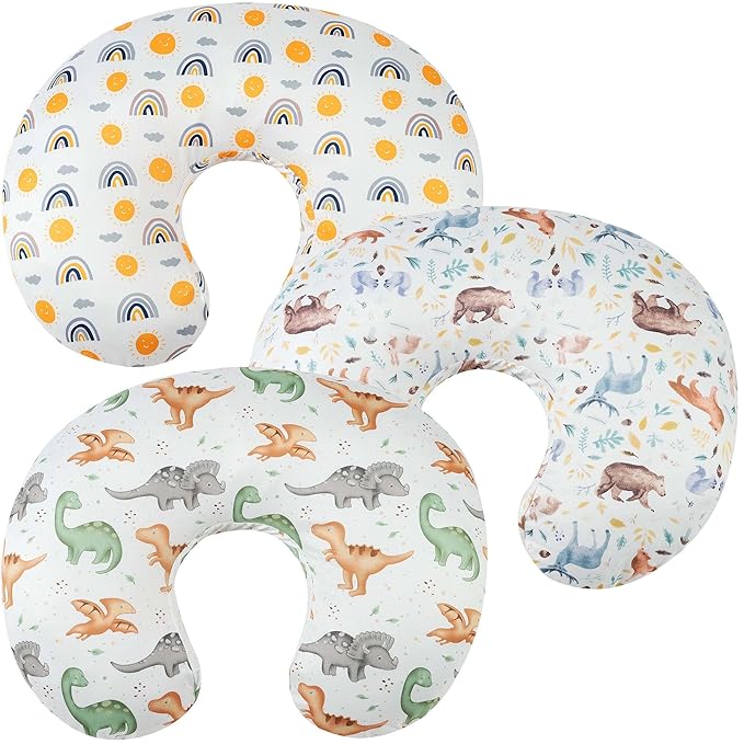 Nursing Pillow Cover Set 3 Pack Nursing Pillow Slipcovers for Moms Breastfeeding Moms, Ultra-Soft Stretchy Fit Standard Nursing Pillows Sun/Forest Deer/Dinosaur