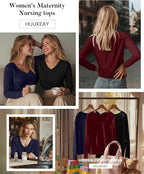 Huukeay 3 Pack Women's Long Sleeve Nursing Tops, Breastfeeding Hidden Zippers Shirts V Neck Maternity Pregnancy Tees Clothes