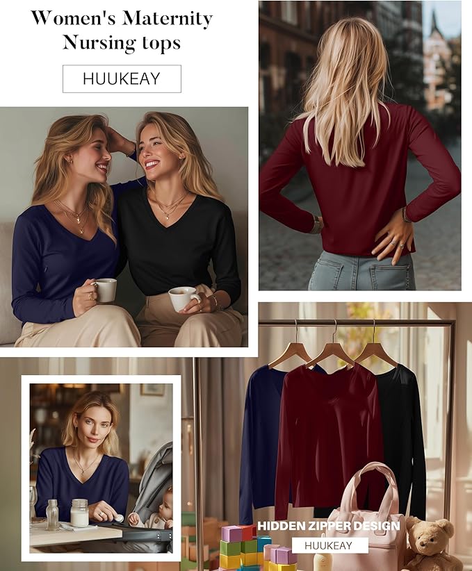 Huukeay 3 Pack Women's Long Sleeve Nursing Tops, Breastfeeding Hidden Zippers Shirts V Neck Maternity Pregnancy Tees Clothes