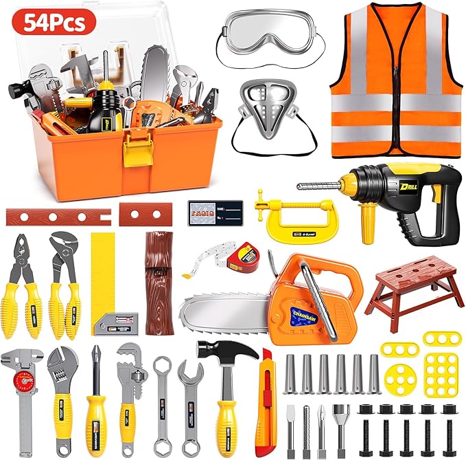 Deejoy 54Pcs Large Kids Tool Set with Electric Saw & Electronic Toy Drill, Pretend Play Kids Construction Set for Toddler 3-5 Years Old, Toddler Boy Toys-Orange