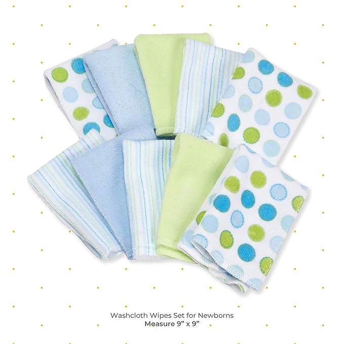 Spasilk Washcloth Wipes Set For Newborn Boys And Girls, Soft Terry Washcloth Set-Pack Of 20, Blue Dot