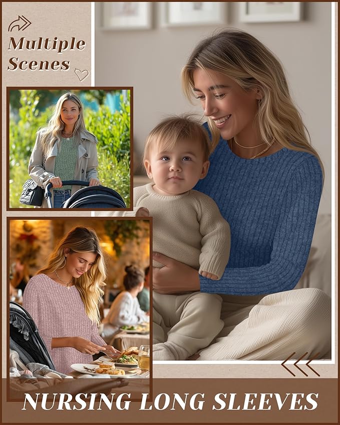 3 Pack Women's Nursing Long Sleeve Tops Breastfeeding Thermal Sweaters with Hidden Zipper Maternity Ribbed Shirts