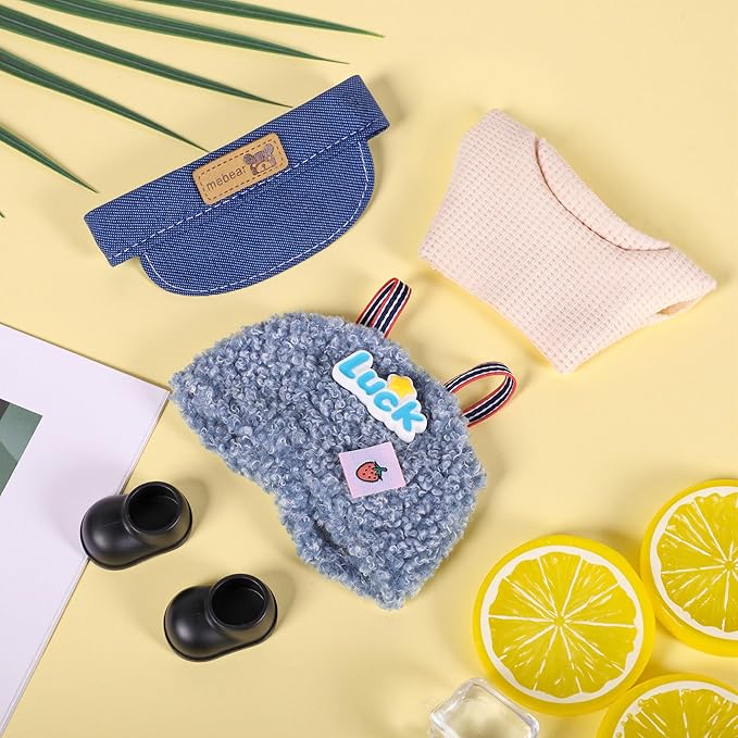 Clothes for 6.7in/17cm Doll, Set of 4 Cute Doll Accessories Includes Doll Hat+T-Shirt+Bib Pants+Shoes Set Premium Fashion Outfit for Collectors Unique Gift (Style E)