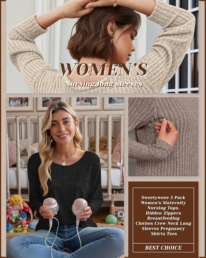 3 Pack Women's Nursing Long Sleeve Tops Breastfeeding Thermal Sweaters with Hidden Zipper Maternity Ribbed Shirts