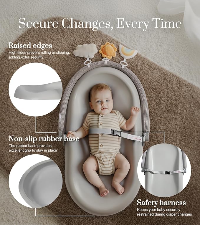 Wipe-Clean Baby Changing Pad, Waterproof Durable PU Pad, Soft & Non-Slip Safety Belt & Hanging Toys, Easy to Adjust & Removable Bar, Gray