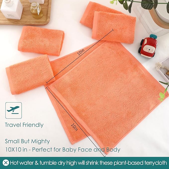 Baby Washcloths 6 Pack, 10x10 inch Orange Small Wash Cloths for Face and Body, Super Soft & Gentle Face Towels on Sensitive Skin, Newborn Registry Bath Shower Gifts for Infant Kid Toddler Children