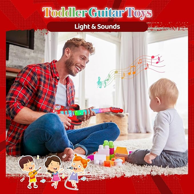 Kids Guitar and Microphone Playset with 4 Strings, Electric Guitar Kit with Lifting Mic Stand, Toddler Toys Musical Instruments Starter Kit, Karaoke Machine Toys for Boys Girls Christmas Guitars Gifts
