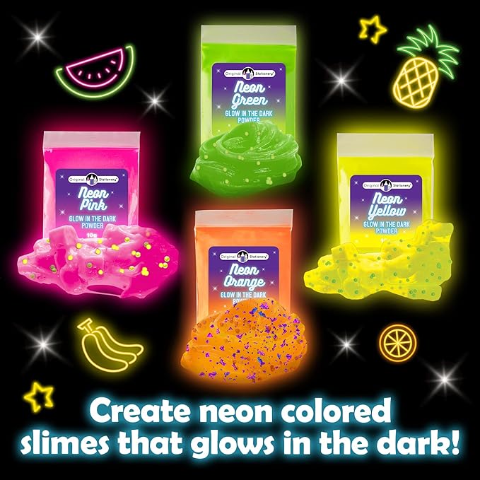 Original Stationery Tropical Glow in The Dark Slime Kit - Multicolor - for Girls & Boys Ages 7 Years and Up - Includes Glow Powder, Foam Beads & Glitter for Neon, Crunchy & Jelly Cube Slimes