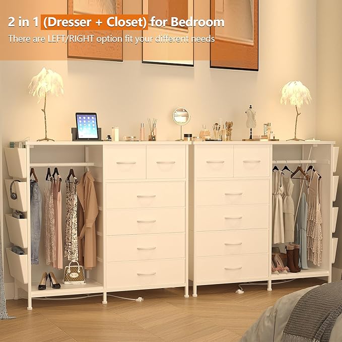 6 Drawer Dresser for Bedroom with Clothes Rack, Clothes Dresser with Side Pockets and Hooks, Charging Station & LED Lights, Wooden Top, Fabric Storage (White)