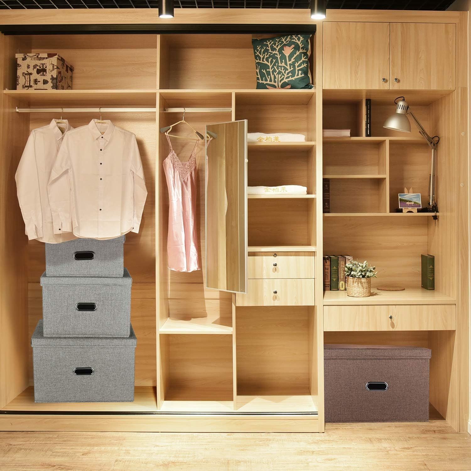 Large Linen Collapsible Storage Bins with Removable Lids and Handles, Washable Storage Box Containers Baskets Cube with Cover for Bedroom,Closet,Office,Living Room,Nursery (Khaki, Large)