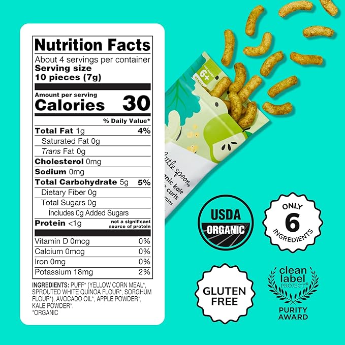 Little Spoon Kale Apple Meltable Baby Puffs, Organic Corn Quinoa Sorghum, No Rice, No Added Sugar Snacks, Encourages Self-Feeding, 1 Oz Bag, 4 Pack
