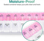 Sukuos AM PM Weekly Pill Organizer 7 Day, 2 Times A Day Medicine Pill Box with Easy Push Button, BPA Free Vitamin Cases for Fish Oil/Supplements (Pink&White)