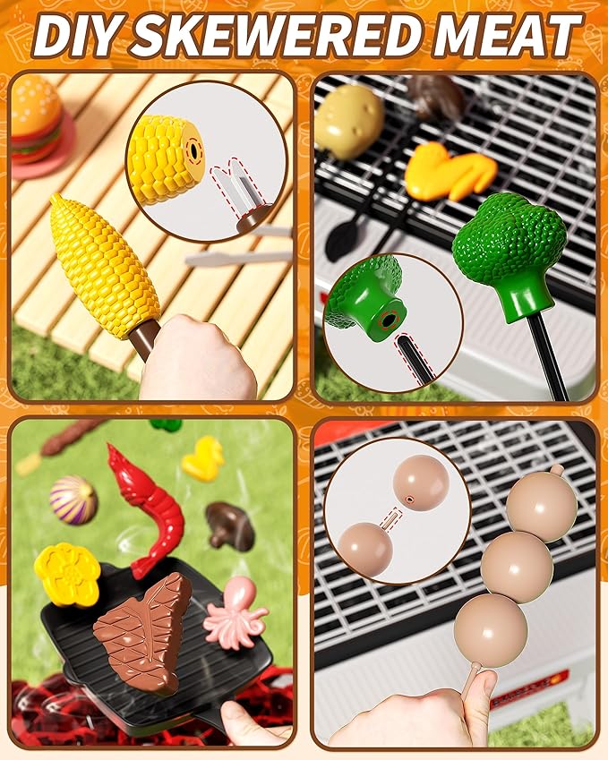 60pcs Kids Play Kitchen Toys for Kids, Outdoor BBQ Grill Playset with Smoke Sound & Light, Play Toy Grill Set for Toddlers Boys Girls 3 4 5 6 7 8