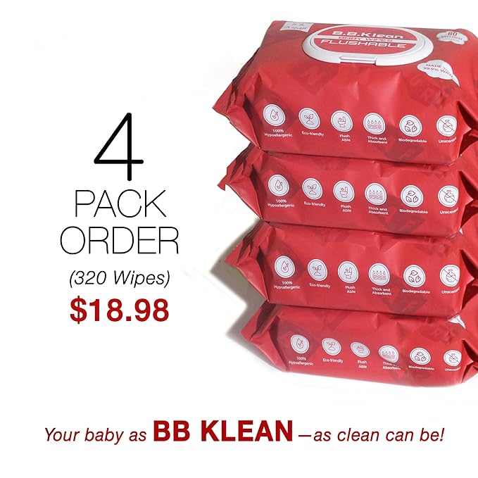 B.B. Klean Flushable Baby Wipes | Hypoallergenic | Sensitive Skin | Thick & Absorbent | Durable | Unscented | 99.9% Water | Eco-Friendly | 80 Wipes Inside (4)
