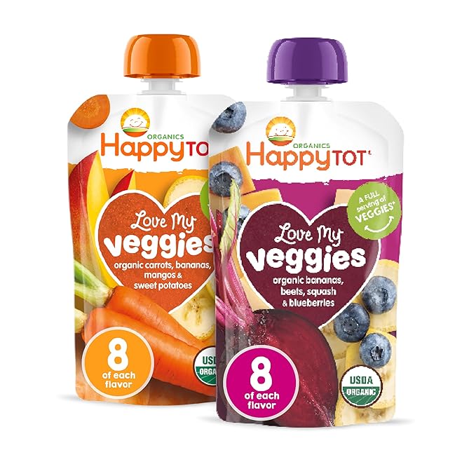HAPPYTOT Organics Stage 4 Baby Food Pouches, Gluten Free, Vegan Snack, Love My Veggies, Fruit & Veggie Puree, Variety Pack, 4.22 Ounce (Pack of 16), Amazon Exclusive