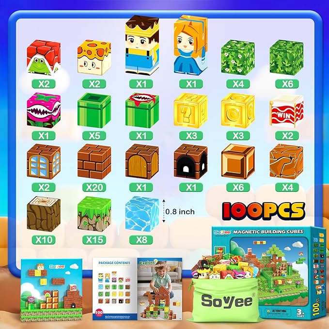 Soyee Magnetic Blocks 100PCS Magnetic Building Blocks Cubes Kids Boys Girls Toys for Ages 3-5 5-7 8-10 STEM Sensory Learning Building Magnet Toys 3-12 Year Old Girls Boys Birthday Gift