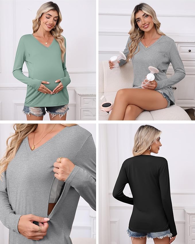 Huukeay 3 Pack Women's Long Sleeve Nursing Tops, Breastfeeding Hidden Zippers Shirts V Neck Maternity Pregnancy Tees Clothes