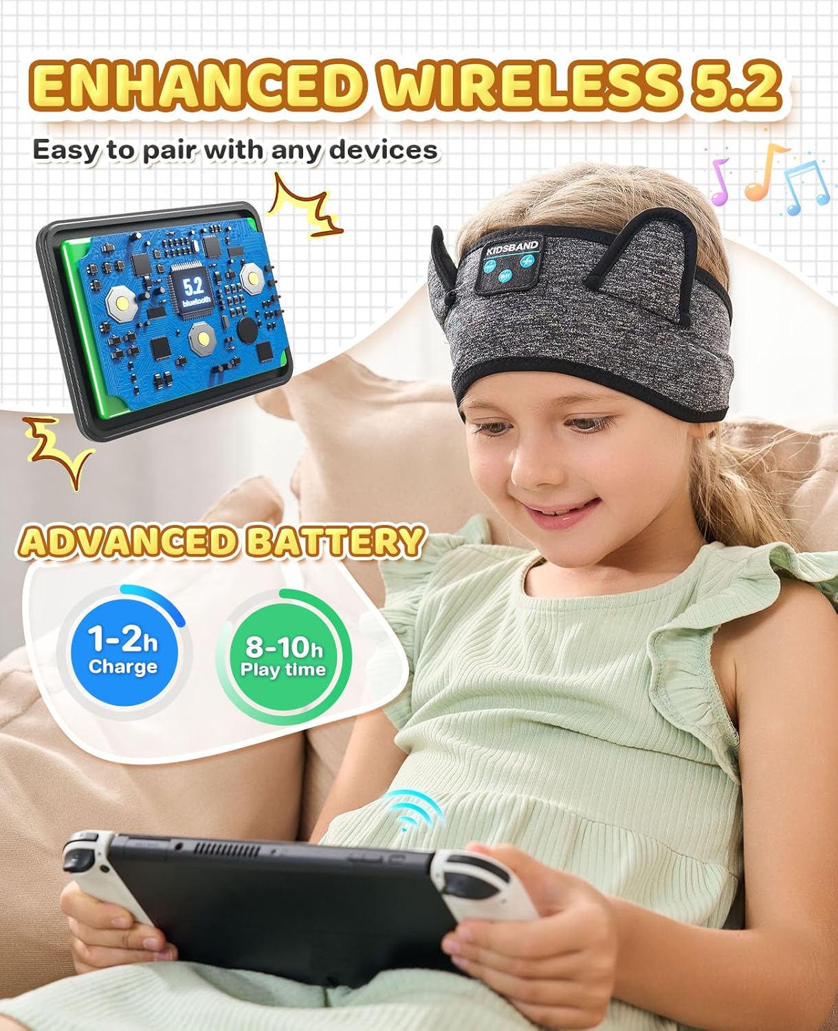 Kids Headphones, Bluetooth Headphones Adjustable Headband for Kids, Wireless and Wired Playback 3.5 MM Jack for School, Kids Headset for Girls Boys, Kindle Tablet Cellphones Airplane Travel Sleep