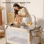 Pack and Play, Baby Bassinets Bedside Sleeper, Portable Crib, Diaper Changing Table & Baby Play Yard - Breathable Mesh & Steel Frame - Foldable for Newborn to Toddler (Cream Color)