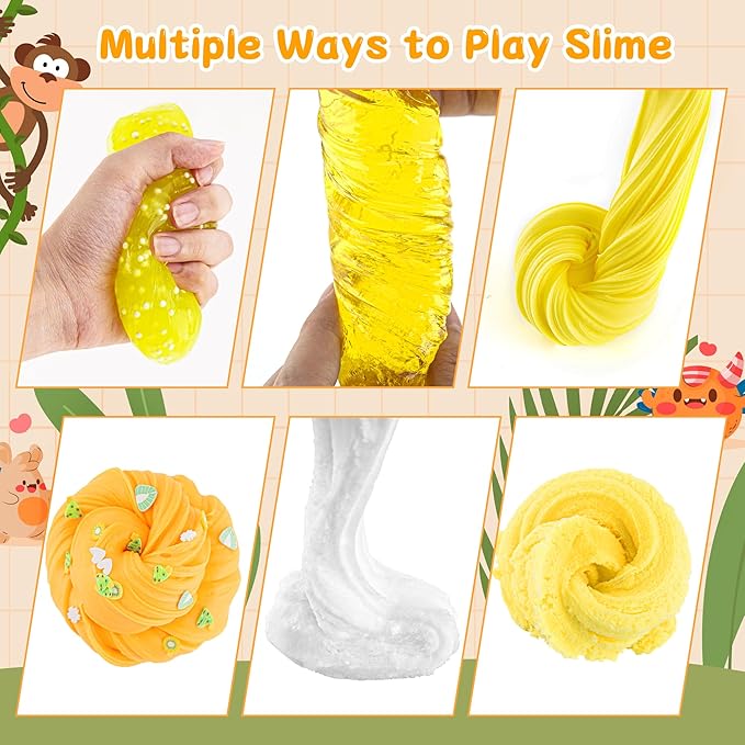 LAWOHO 6 Packs Gradient Yellow Slime Kit - Clear, Butter, Cloud Slimes, Fluffy Slimes for Kids with Charms & Animal Add-ins, Party Favors for Girls & Boys, 360ml Non Stick Slime Making Kit for Kids