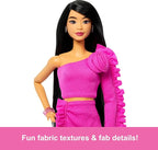 Barbie Deluxe Style Doll #2 in Barbiecore Outfit, Black Hair and Glittery Prosthetic Leg, Pink Top and Skirt Set with Rosette Detail and Accessories