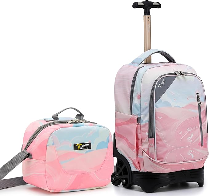 NEW TILAMI 18 inch Rolling Backpack for Girls – Waterproof, Large Capacity, Stair-Climbing Design, Adjustable Handle, Great for School, Pink Sunset