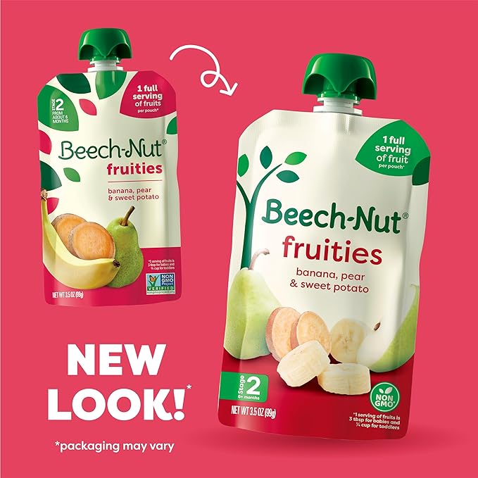 Beech-Nut Stage 2 Baby Food Pouches Variety Pack, Fruit Purees for Babies, Non-GMO, Dairy-Free, 3.5 oz (18 Pack)