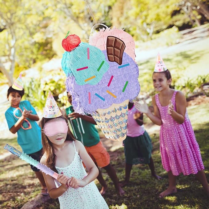 WERNNSAI Ice Cream Piñata - Summer Ice Cream Party Decorations for Kids Girls Birthday Pink Pinata Game Candyland Sweet Theme Party favors supplies with Bat Blindfold