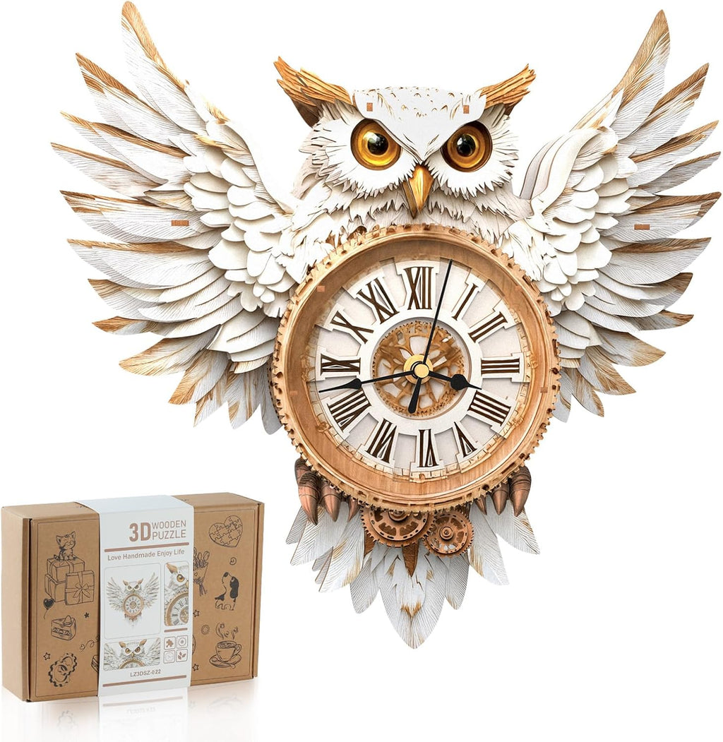 3D Wooden Puzzles for Adults,Snowy Owl DIY Clock Kit with Pendulum - Creative Gift Idea,Beginner 31 Pieces 3D Puzzles for Teens & Adults Home Decor