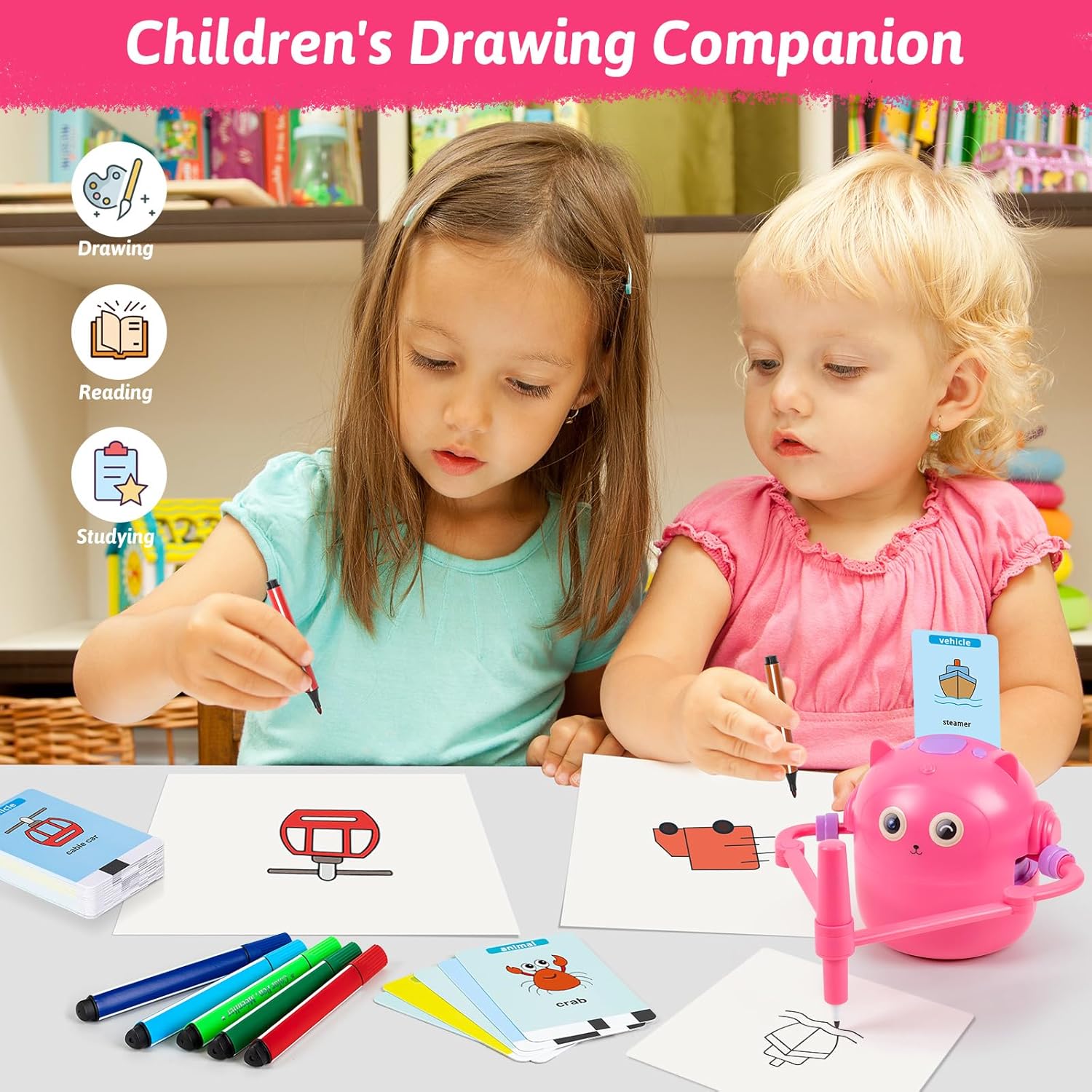 Drawing Robot for Kids, Interactive Educational Drawing Robot, Magic Painting Robot Toy with 100 Word Cards & 16 Color Pens for Girls and Boys Age 3+ (Pink)