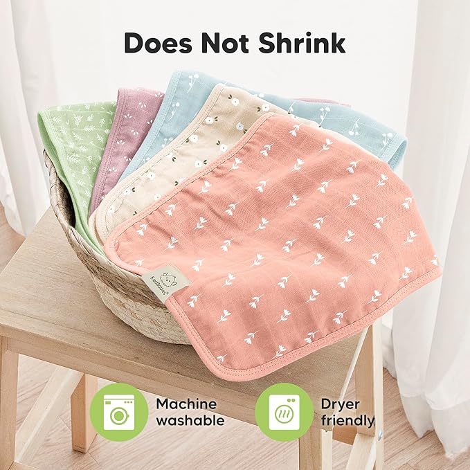 5-Pack Cotton Muslin Burp Cloths Baby Girls, Boys - Soft & Absorbent Spit Up Burp Rags, Large Muslin Towel, Cotton Wash Cloths for Babies, Newborn, Infant, No Shrink, Durable, Neutral (Wild Bloom)