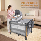 JOYMOR 7 in 1 Bedside Bassinet with Changing Table, All in One Nursery Center, Bedside Sleeper with Mattress, Sheet, Canopy, Storage Shelf,Gray