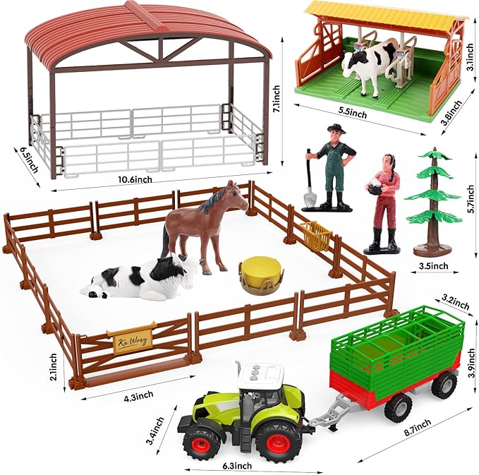 Dwi Dowellin Farm Animal Toys Set,69 Pcs Farm Toys with Tractor with Trailer,Horse Stable Grain Bins Horse Cow Farmer Figures Fence Playset for Kids Toddlers Boy Girl 3-12 Years Old