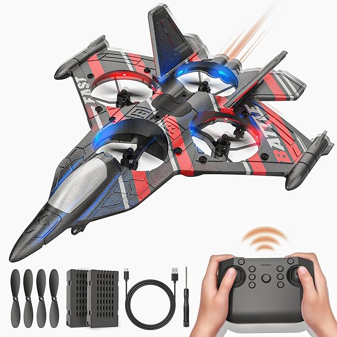 BEZGAR Drones for Kids | 2.4GHZ RC Plane, Remote Control Airplane, RC Helicopter, 360° Flip Fighter Jet Toy, Toys for ages 8-13 with Colorful LED Navigation Lights Red