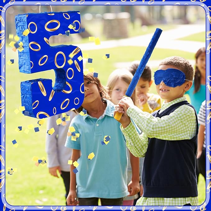 Number 5 Blue and Golden Rings Piñata for Kids Birthday Cartoon Theme Small Piñata with Blindfold Stick Confetti for Fiesta Cinco De Mayo Party Decor, 15.8 x 11 x 2.8 Inch