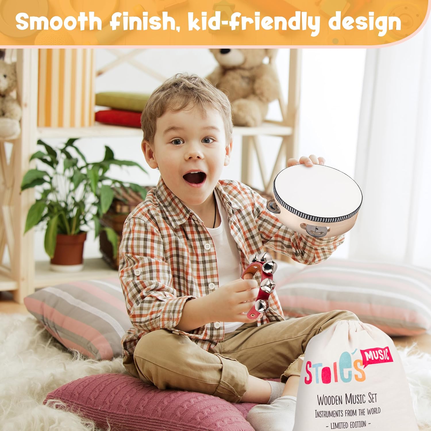 Stoie's Wooden Kids Musical Instruments for 3-9 Years Old, with Drum, Flute, Hand Bells, Cymbals, Castanets, Triangle, for Babies and Toddlers, Durable, Safe, Montessori Educational Toy, Storage Bag