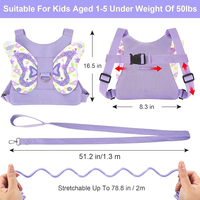 Accmor Toddler Harness Leash + Anti Lost Wrist Link, Cute Butterfly Kids Leash Wristband Assistant, Adorable Child Walking Harness Strap Adjustable Belt Protector for Baby Girls to Outdoor Travel